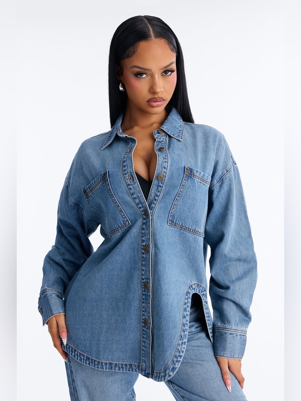 Fashionnova Denim Asymmetrical Hem Top - Size Medium